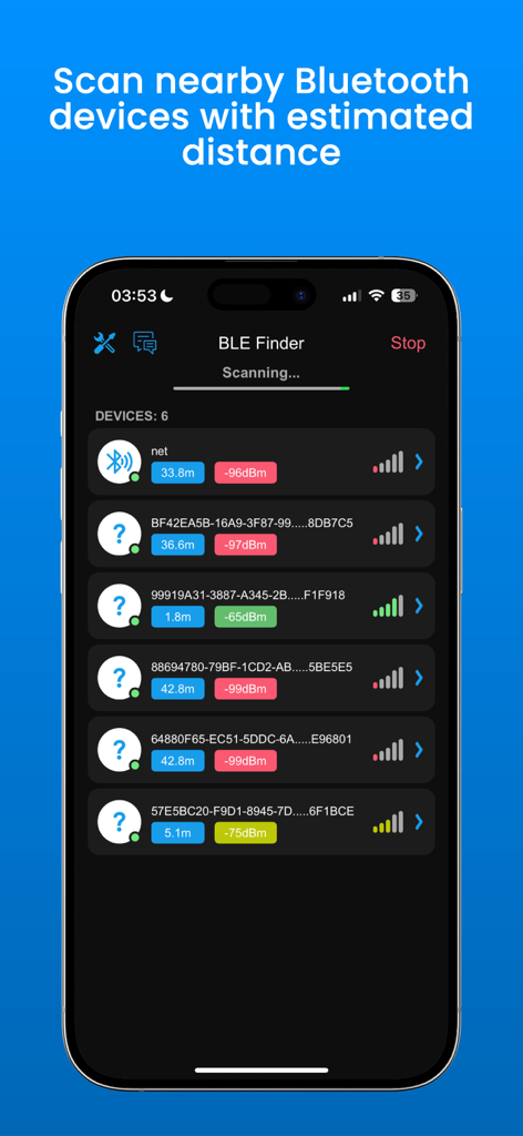Bluetooth Scanner - BLE Finder - Interface of the Bluetooth Scanner app showing a list of nearby devices with signal strength and distance measurements