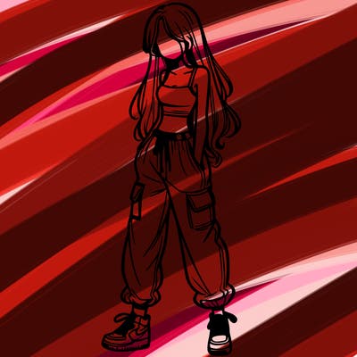 girl in baggy pants crop top and long hair