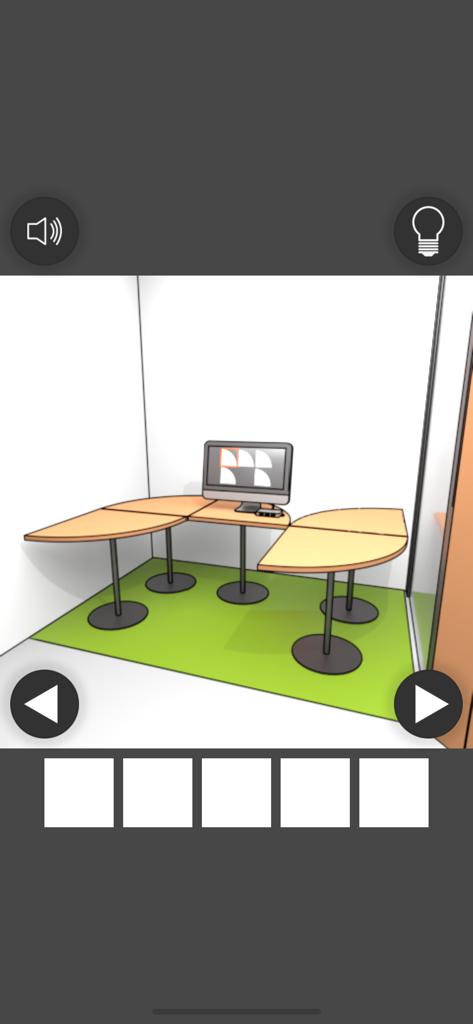 Computer Office Escape - A minimalist office cubicle featuring a desk with a computer monitor and a green rug in a point-and-click escape game.