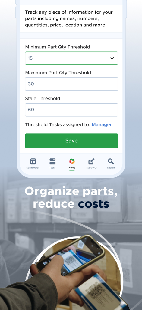 Limble CMMS - Limble CMMS mobile app showing inventory threshold settings and a technician scanning a QR code on a part