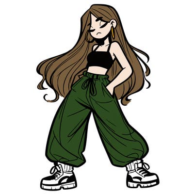girl in baggy pants crop top and long hair