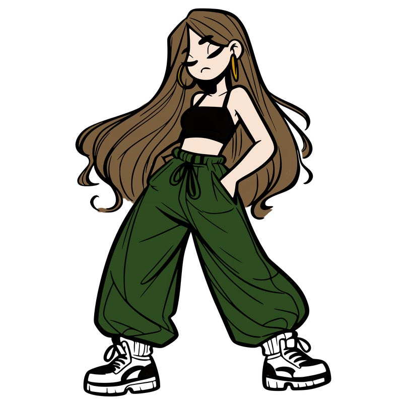 girl in baggy pants crop top and long hair
