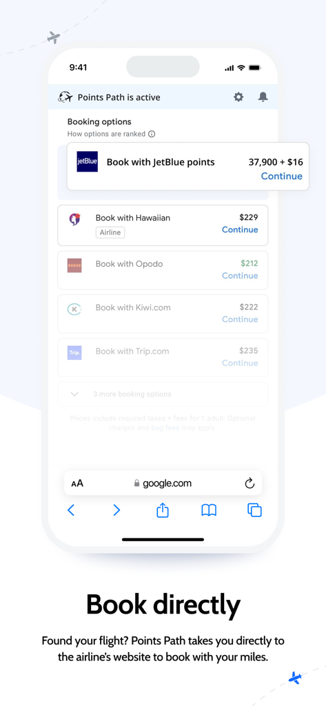 Points Path - Interface móvel do Points Path mostrando opções de reserva de voos usando milhas e dinheiro diretamente no navegador.