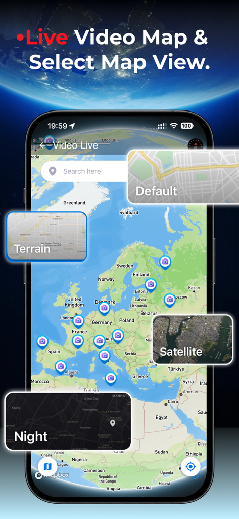 TerraCam app interface showing selectable map views like satellite terrain and night mode on a world map with live camera icons