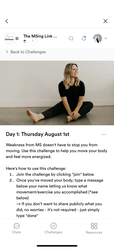 Dr. Gretchen Hawley demonstrating a seated exercise for a daily MS mobility challenge in the app.