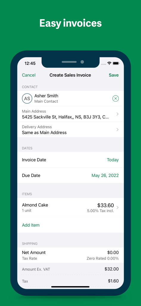 プロフェッショナルな売上請求書を作成するためのSage Accountingモバイルアプリの画面