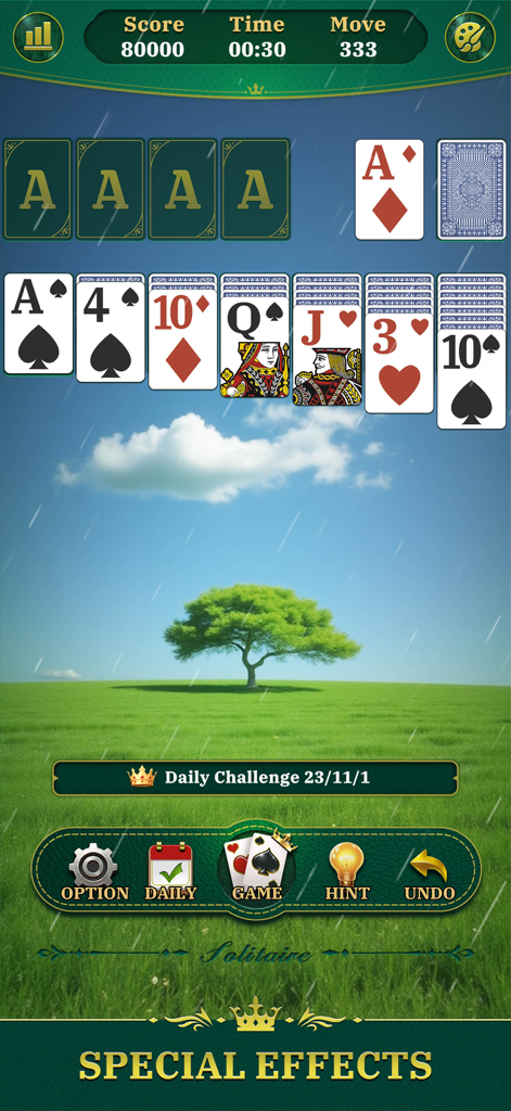 Classic solitaire gameplay layout on a serene green landscape background with a single tree