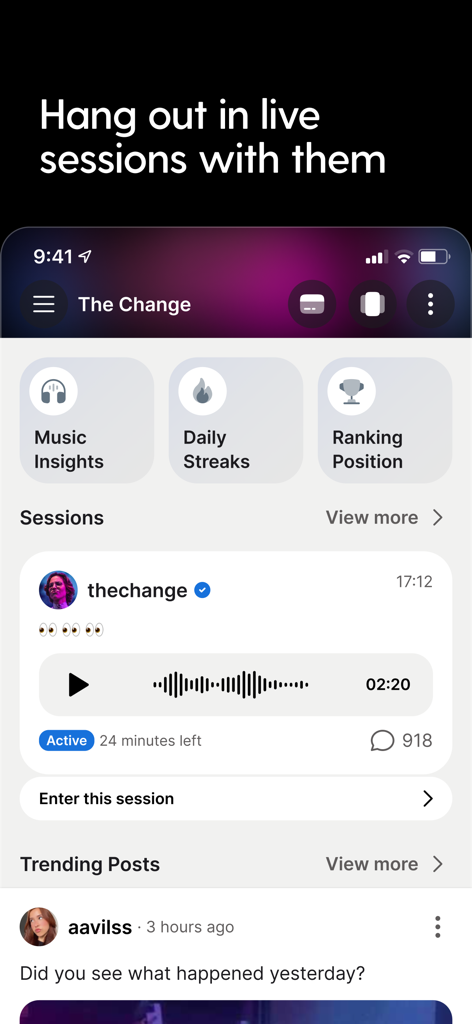 sesh: Fan Communities - Interfaz de la app Sesh mostrando una sesión en vivo activa de un artista con ranking de fans y funciones de análisis musical.