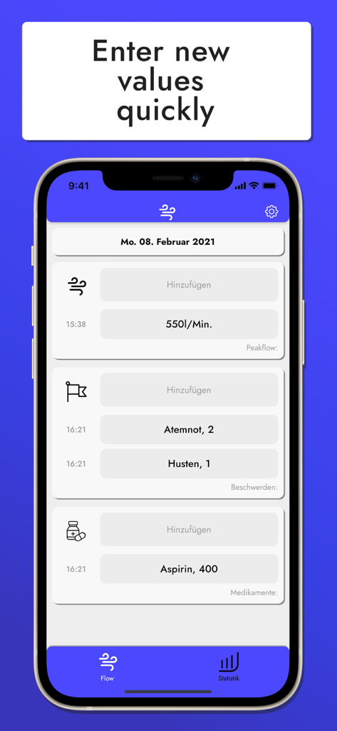 Your Peak Flow - Interface of the Your Peak Flow app showing quick entry options for peak flow values, symptoms like coughing, and medication intake.
