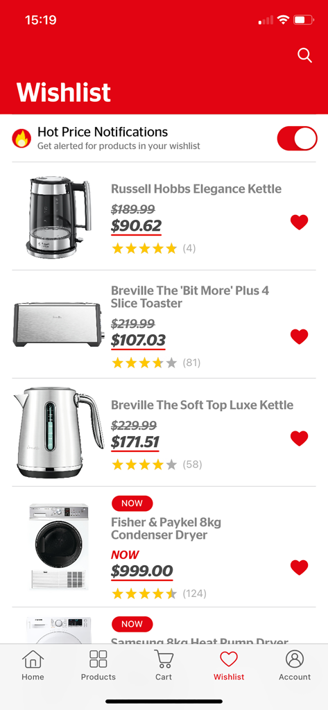 Lista de desejos do aplicativo móvel Noel Leeming mostrando eletrodomésticos salvos com preços com desconto e notificações de preço