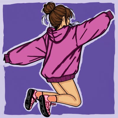 realistic girl jumping with a bun and oversized sweatshirt
