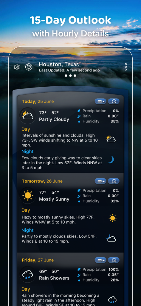 Weather Mate - NOAA Radar Maps - A detailed 15-day weather forecast screen for Houston, Texas, showing daily and nightly summaries with temperature and precipitation data.