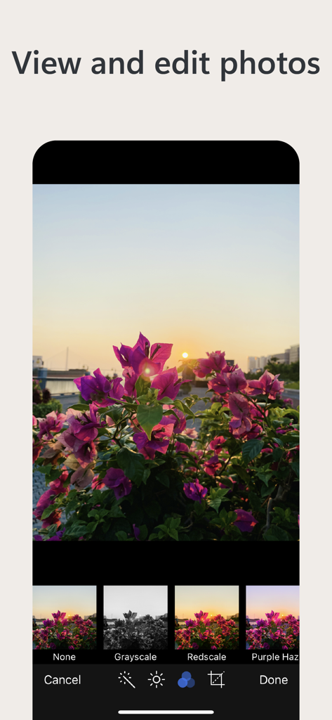 Owlfiles - File Manager - Owlfiles mobile app interface showing a photo of pink flowers at sunset with various editing filters like grayscale and redscale at the bottom.