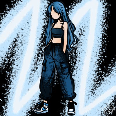 girl in baggy pants crop top and long hair