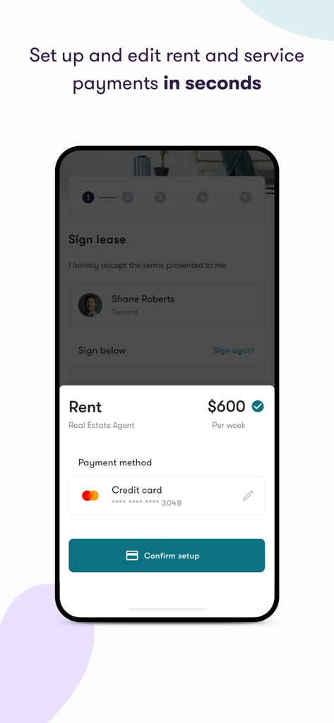 Sorted - Sortedアプリの家賃とサービス支払い設定プロセスを表示するスマートフォンの画面。