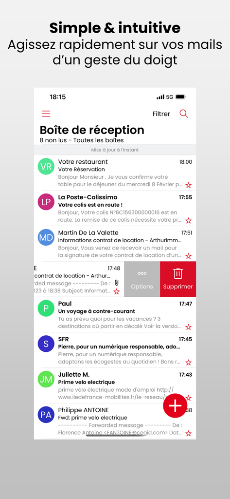 SFR Mail - Capture d'écran de la boîte de réception de l'application SFR Mail sur un iPhone montrant une liste d'e-mails et une action de balayage pour supprimer.