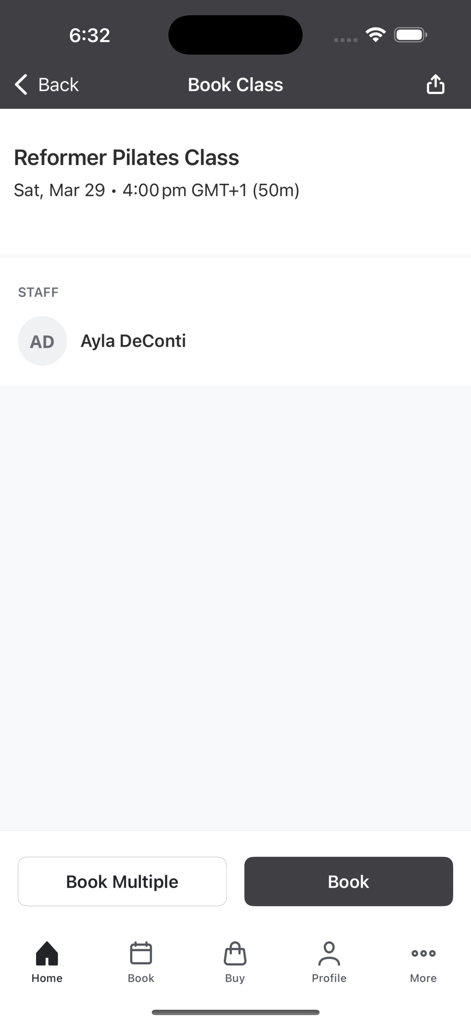 Ayla Pilates mobile app interface for booking a reformer pilates class showing instructor name and session time.