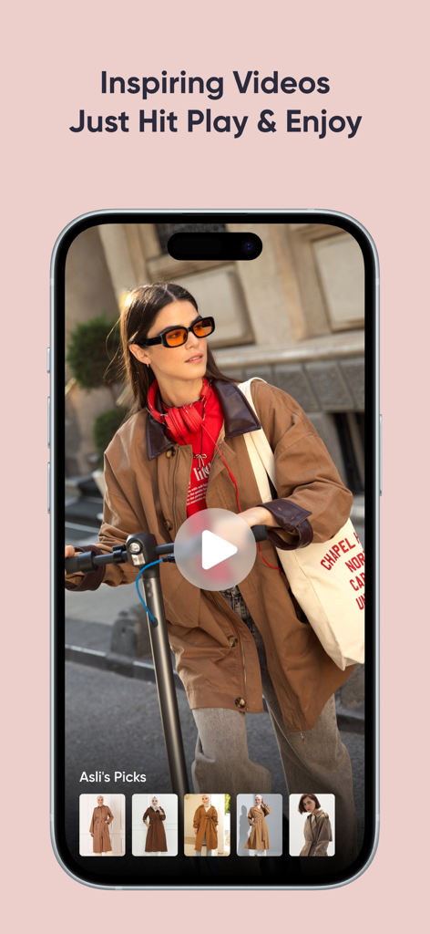 Interfaccia dell'app Modanisa che mostra un lettore video con ispirazione di moda modesta e outfit selezionati