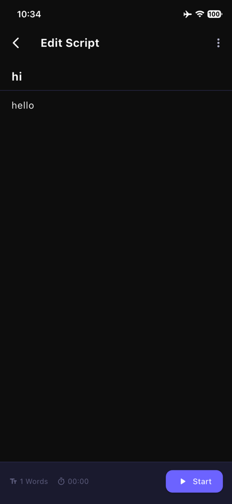 Teleprompter pro-video script - Interfaz de la aplicación móvil de la pantalla del editor de guiones en la aplicación Teleprompter pro-video script que presenta un área de entrada de texto y un botón de inicio