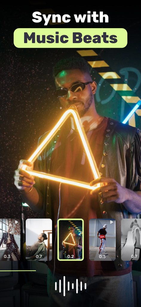 Reel Maker・AI Video Creator - A video editing app interface featuring a sync with music beats function for social media reels