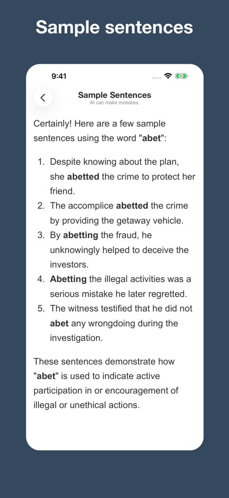 English Synonym Finder - Beispielsätze für das Wort 'abet' in der Englischen Synonym-Finder-App.