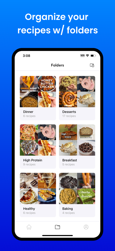 Inspo - AI Recipe Keeper - Inspo app interface showing recipe organization folders for various meal categories like Dinner, Desserts, and High Protein.