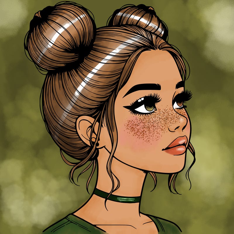 realistic girl with buns on the top of her head