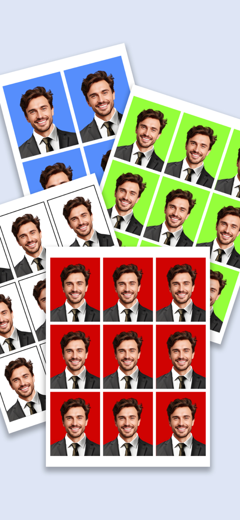 Passport photo maker - AI app - Multiple sheets of professional passport photos featuring a man in a suit with various background colors including blue green white and red