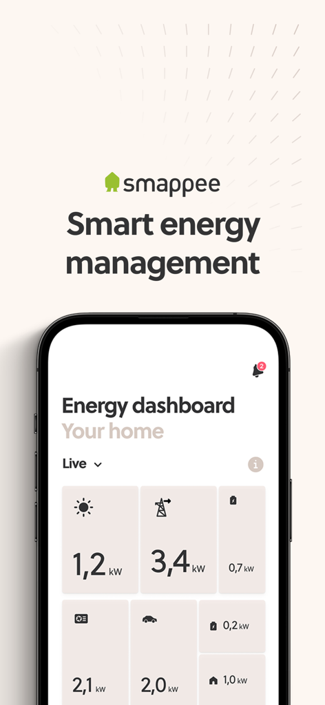 Smappee app showing home energy dashboard with real-time solar and EV charging data