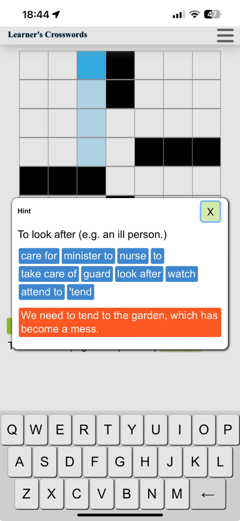 Crossword puzzle hint screen showing synonyms and example sentences to help with word recall.