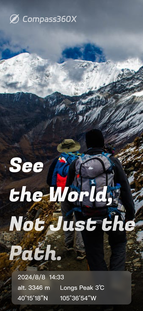 Compass360X-GPS Speedometer - Two hikers on a snowy mountain path with a watermark showing altitude and GPS coordinates