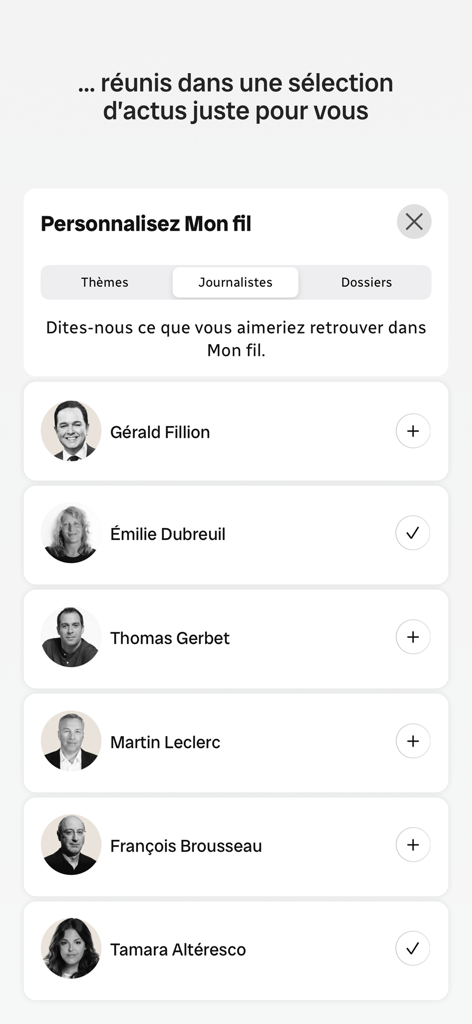 Interface of the Radio-Canada Info app showing a list of journalists to follow for a personalized news feed