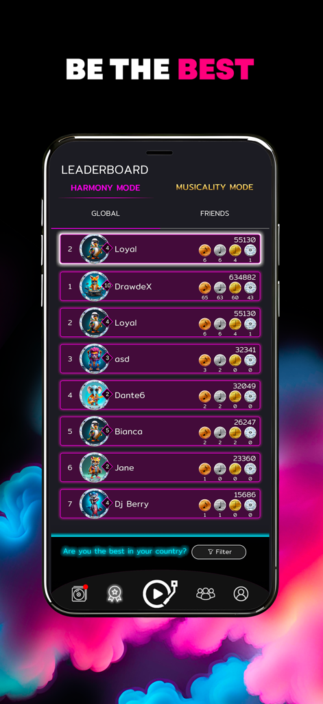 Musicality Beats - Tela do aplicativo Musicality Beats mostrando o placar global para o modo harmonia com rankings e pontuações dos jogadores.