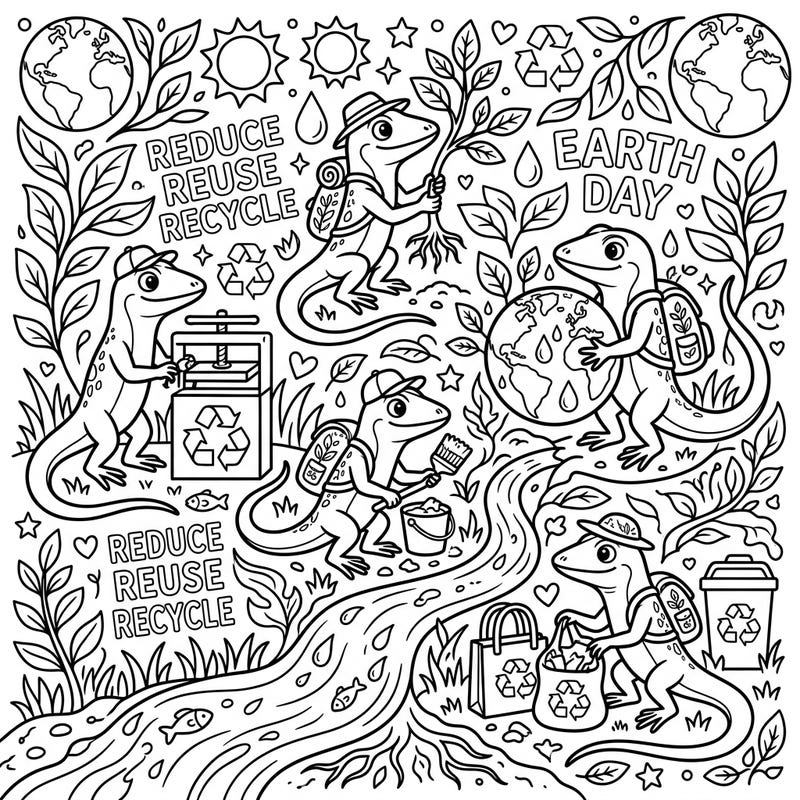Join a group of adorable anoles as they passionately celebrate Earth Day, inspiring young artists to learn about environmental care. This vibrant coloring page brings the 'Reduce, Reuse, Recycle' message to life through playful lizard characters engaged in planet-saving actions.