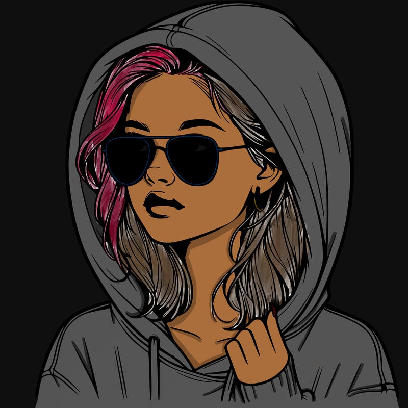 realistic teenage girl, wearing a hoodie and sunglasses