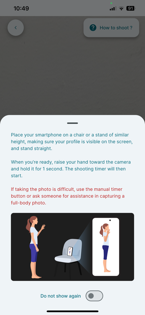 Instructions showing how to set up a smartphone on a chair for a self-posture assessment