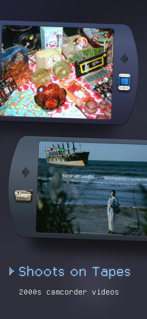 OldReel - Vintage Camcorder - Interfaz de la aplicación OldReel que muestra grabación y reproducción de video de videocámara retro de los años 2000