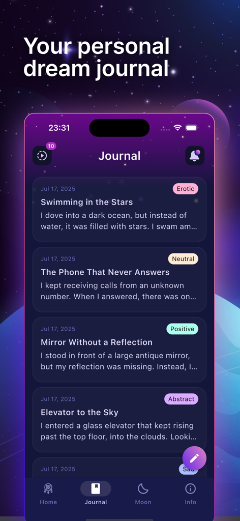 Dream Dictionary-Dream Reading - A mobile app screen showing a personal dream journal with various dream entries and sentiment tags like positive and abstract.