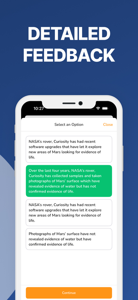 PTE practice app screen showing a reading test question with detailed feedback and the correct answer highlighted in green.