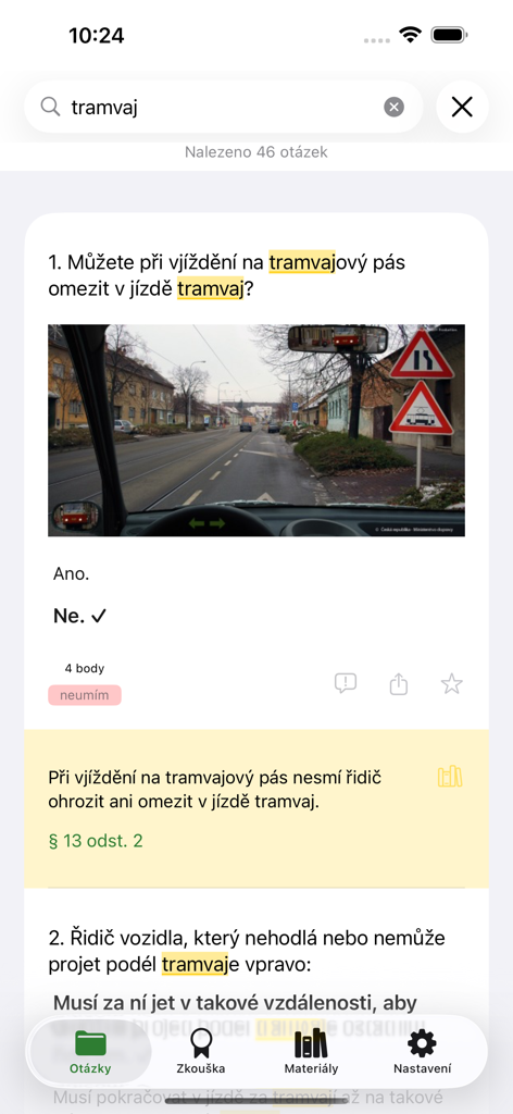 Autoškola 2026 app interface showing driving theory questions about trams in Czech