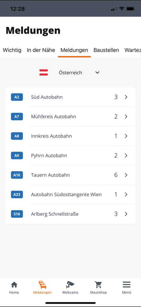 ASFINAG - ASFINAG app display of real-time traffic reports for Austrian motorways.