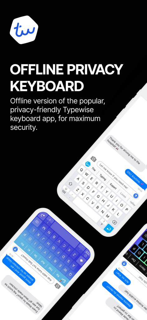 Typewise Offline Keyboard - Typewise Offline Keyboard app interface showing its hexagonal layout and privacy security features on multiple smartphones