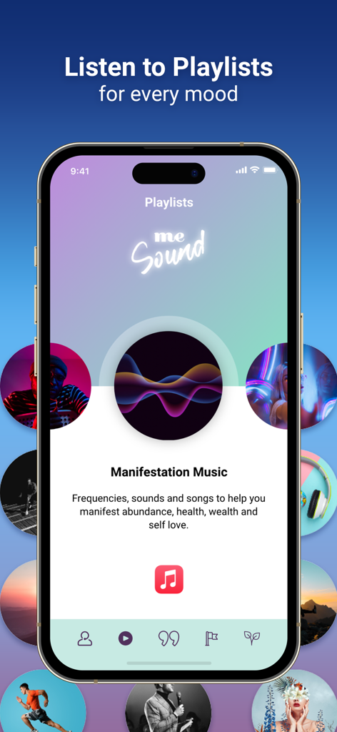 Me: Motivation & Wellness - A screen from the Me Motivation and Wellness app showing manifestation music playlists
