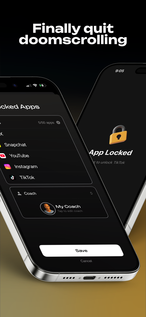 Telas do iPhone exibindo a interface do aplicativo LOCKR para bloquear aplicativos de mídia social e parar o doomscrolling
