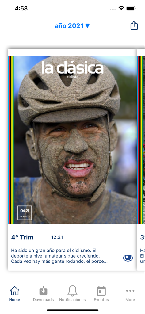 Revista la clásica - Revista la clasica mobile app showing the cover of a cycling magazine featuring a mud-covered cyclist