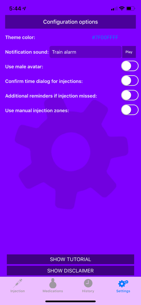 Injection Reminder app settings screen showing configuration options for notification sounds and user avatars