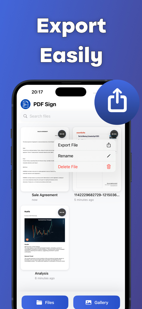 Interface do aplicativo Assinador de PDF exibindo opções de gerenciamento e exportação de documentos em um smartphone.
