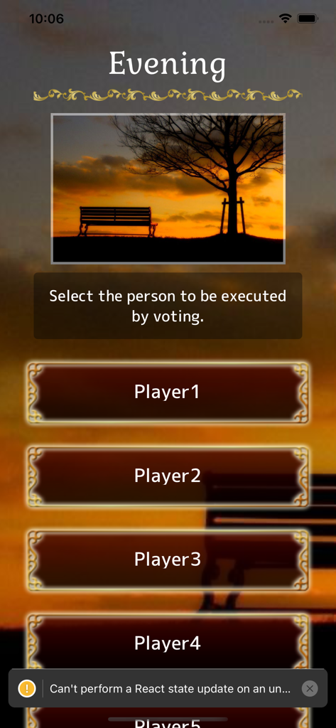 Werewolf -In a Cloudy Village- - Evening voting interface in the Werewolf social deduction app showing player selection buttons over a sunset background