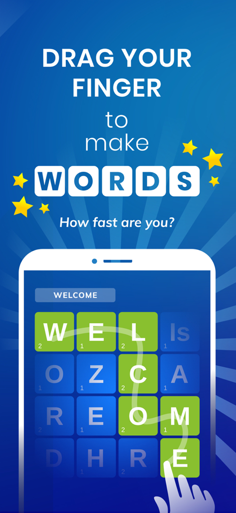 WordHero: word search game - Gameplay screenshot of WordHero showing a finger dragging over a letter grid to spell the word WELCOME.