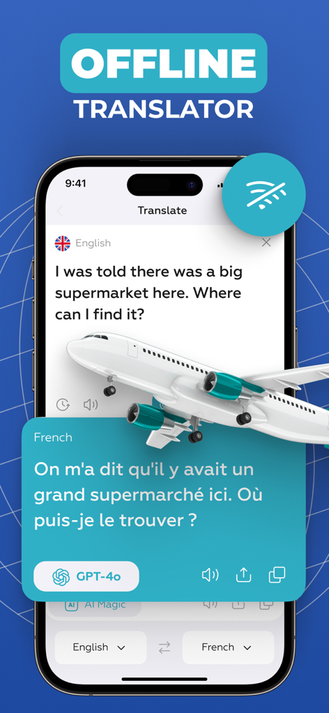 Pantalla de smartphone mostrando el modo sin conexión de la aplicación Voice Translator traduciendo del inglés al francés usando GPT-4o con una ilustración de avión.